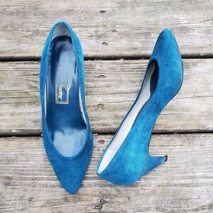Vintage 50s 60s Retro Pin Up Girl Blue Teal Aquamarine Suede Leather Heels Pumps